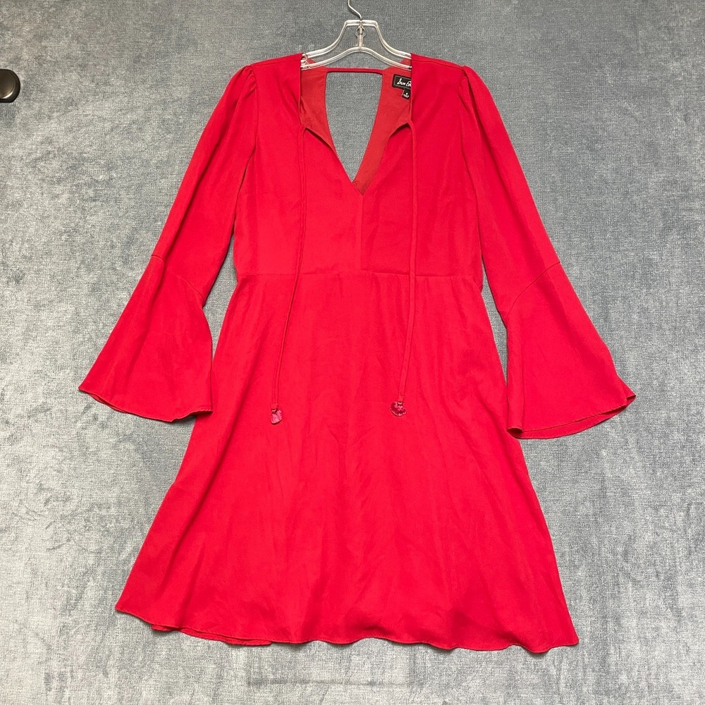 Sam Edelman A-line Mini Dress Womens 8 Red Front Knot Double-V Neck Bell Sleeve
